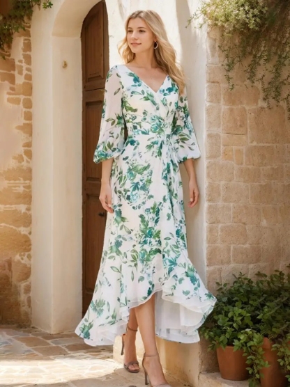Elegant Asymmetrical Floral Printed Prom Dresses 