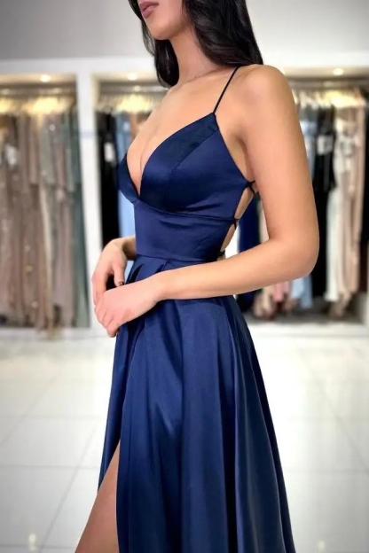 Sleeveless V Neck Satin Prom Dresses with Split
