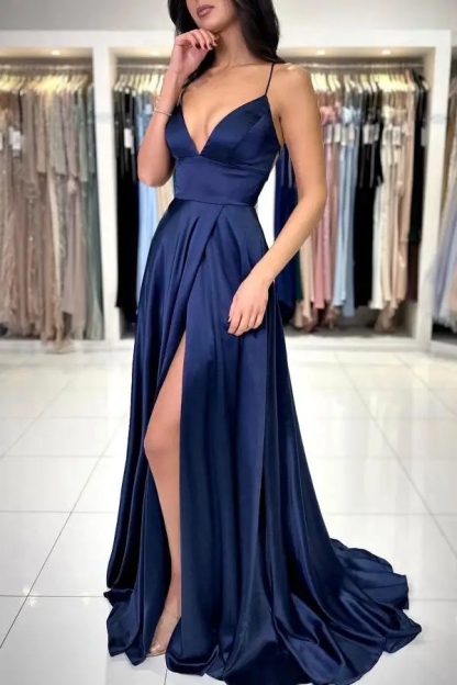 Sleeveless V Neck Satin Prom Dresses with Split
