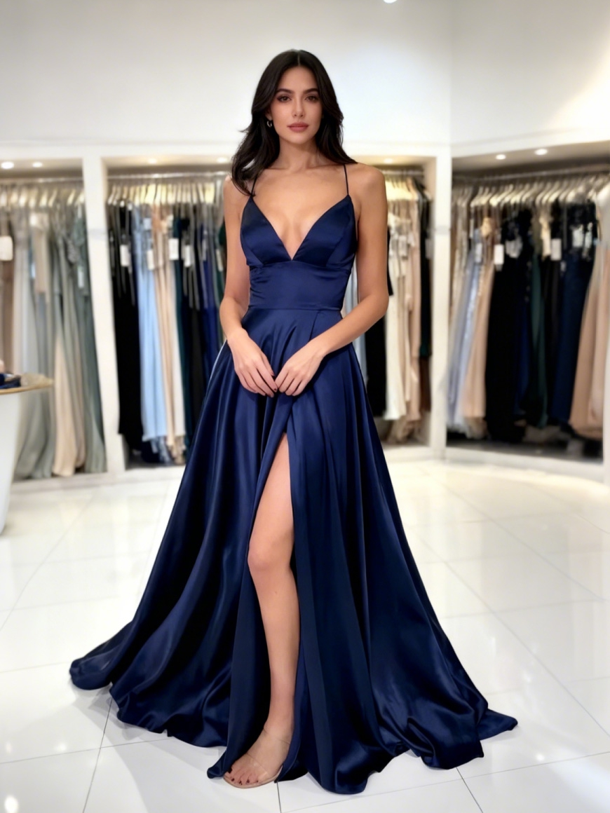 Sleeveless V Neck Satin Prom Dresses with Split