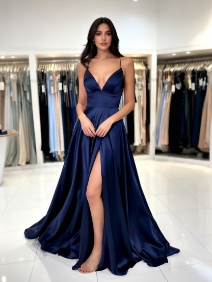 Sleeveless V Neck Satin Prom Dresses with Split