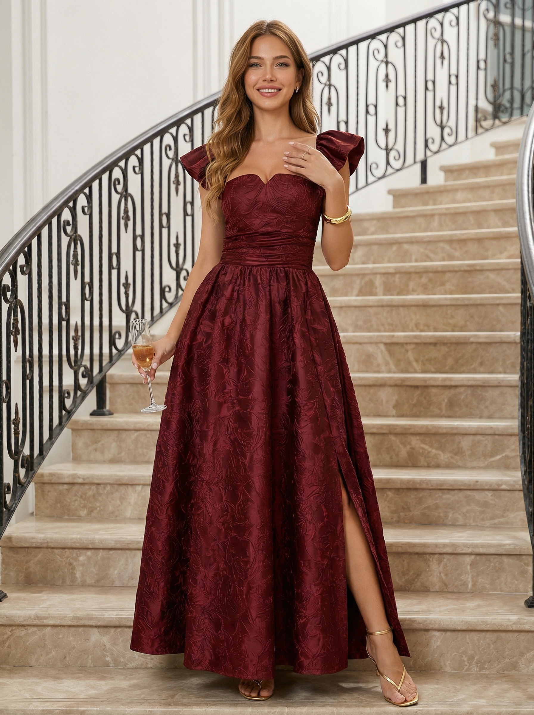 Satin Jacquard Sweetheart A Line Prom Dresseswith Slit