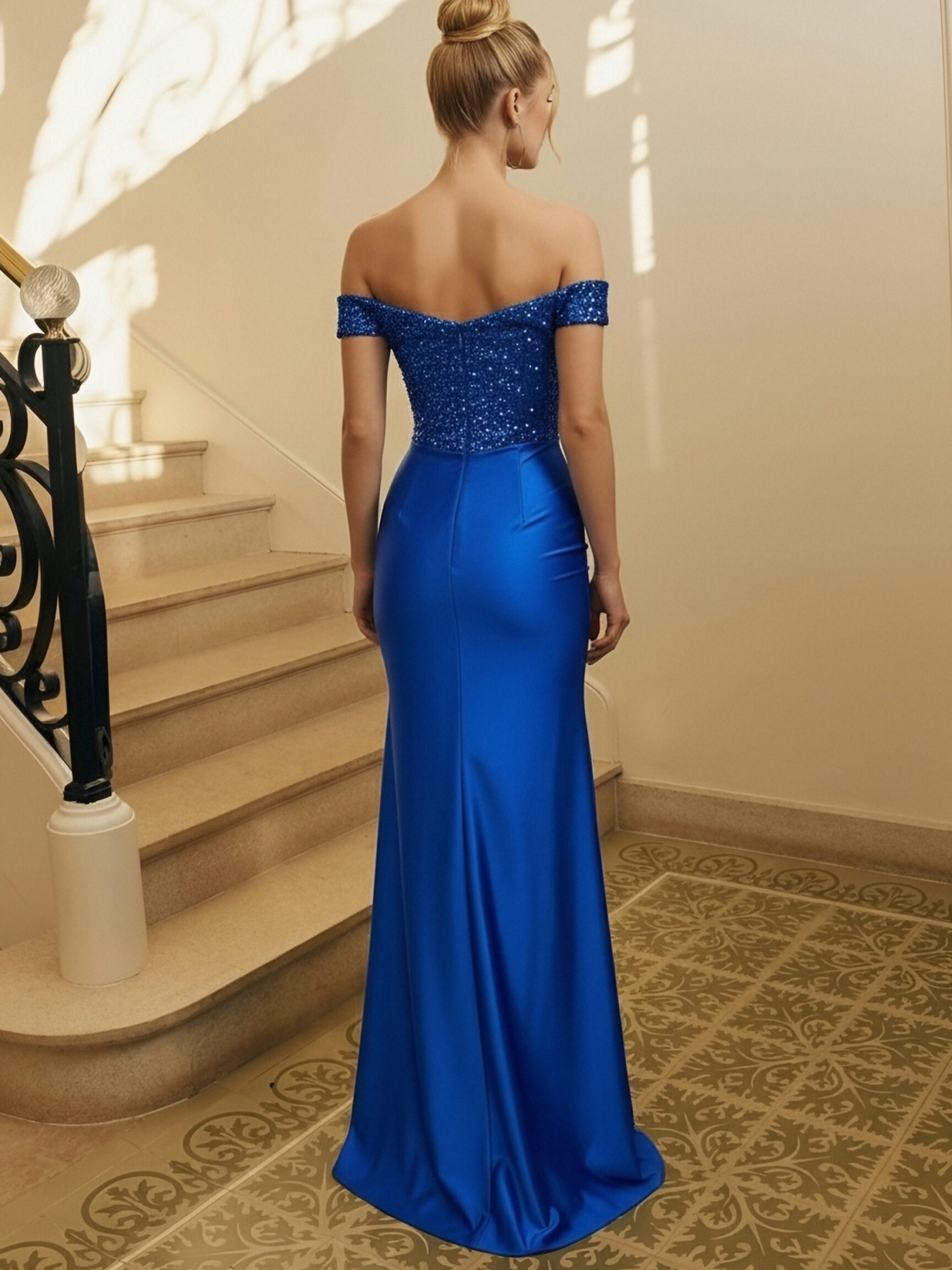 Satin Off Shoulder Mermaid Prom Dresses with Slit