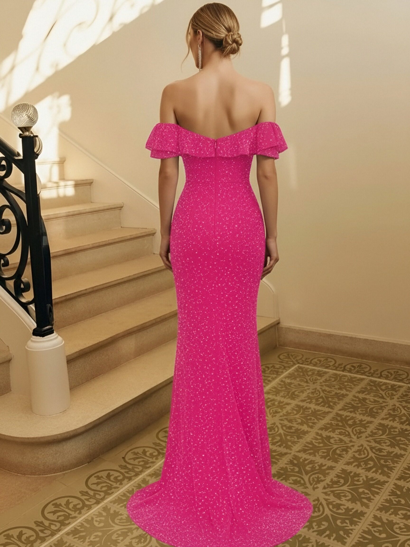 Sequin Off Shoulder Mermaid Prom Dresses with Slit