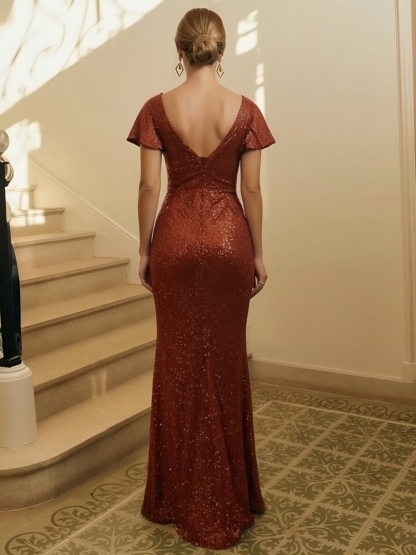 Sequin V Neck Mermaid Prom Dresses with Slit