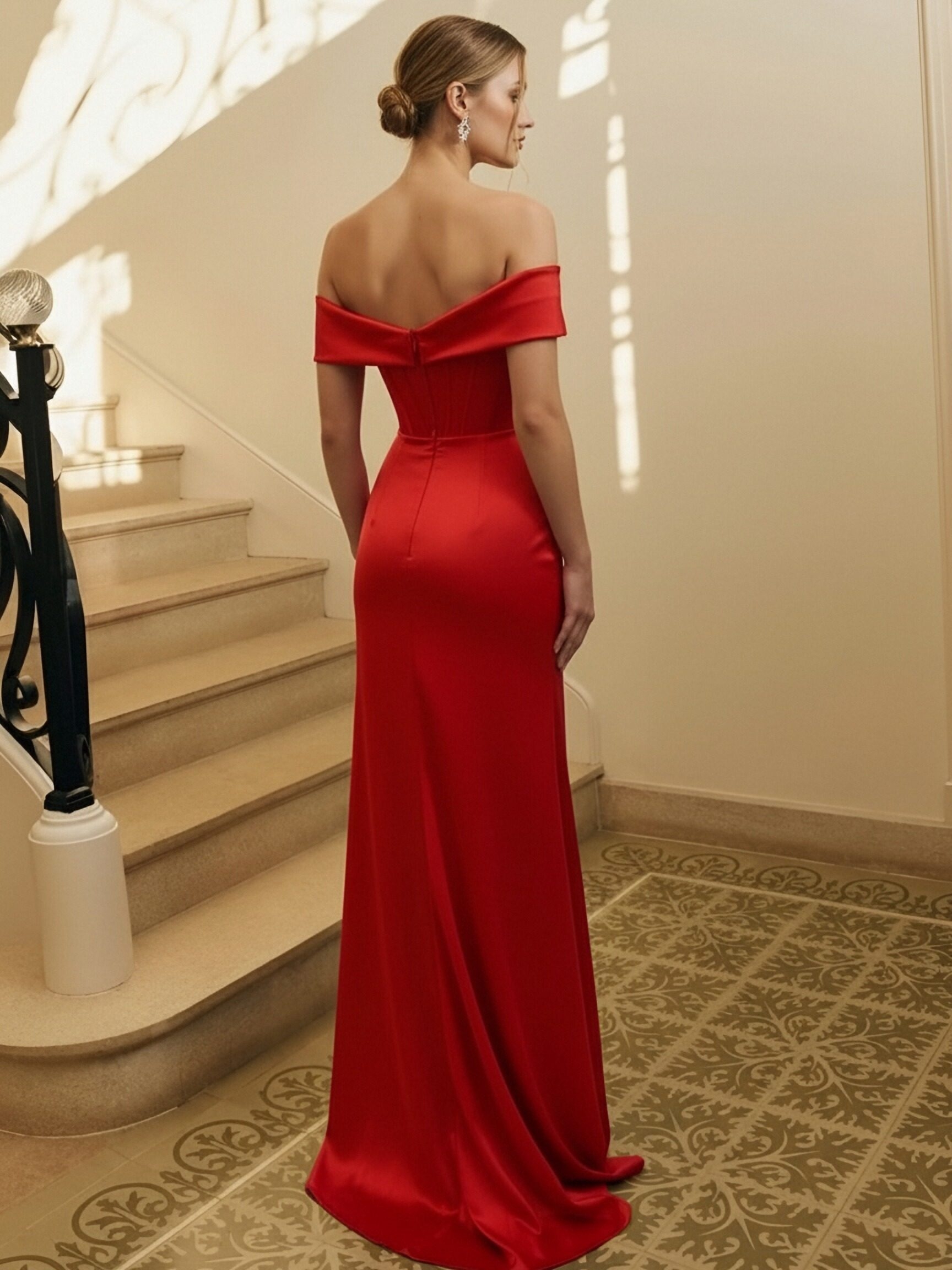 Satin Off Shoulder Mermaid Prom Dresses with Slit