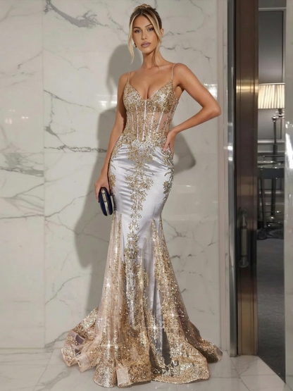 Sequin Spaghetti Straps Mermaid Prom Dresses with Lace