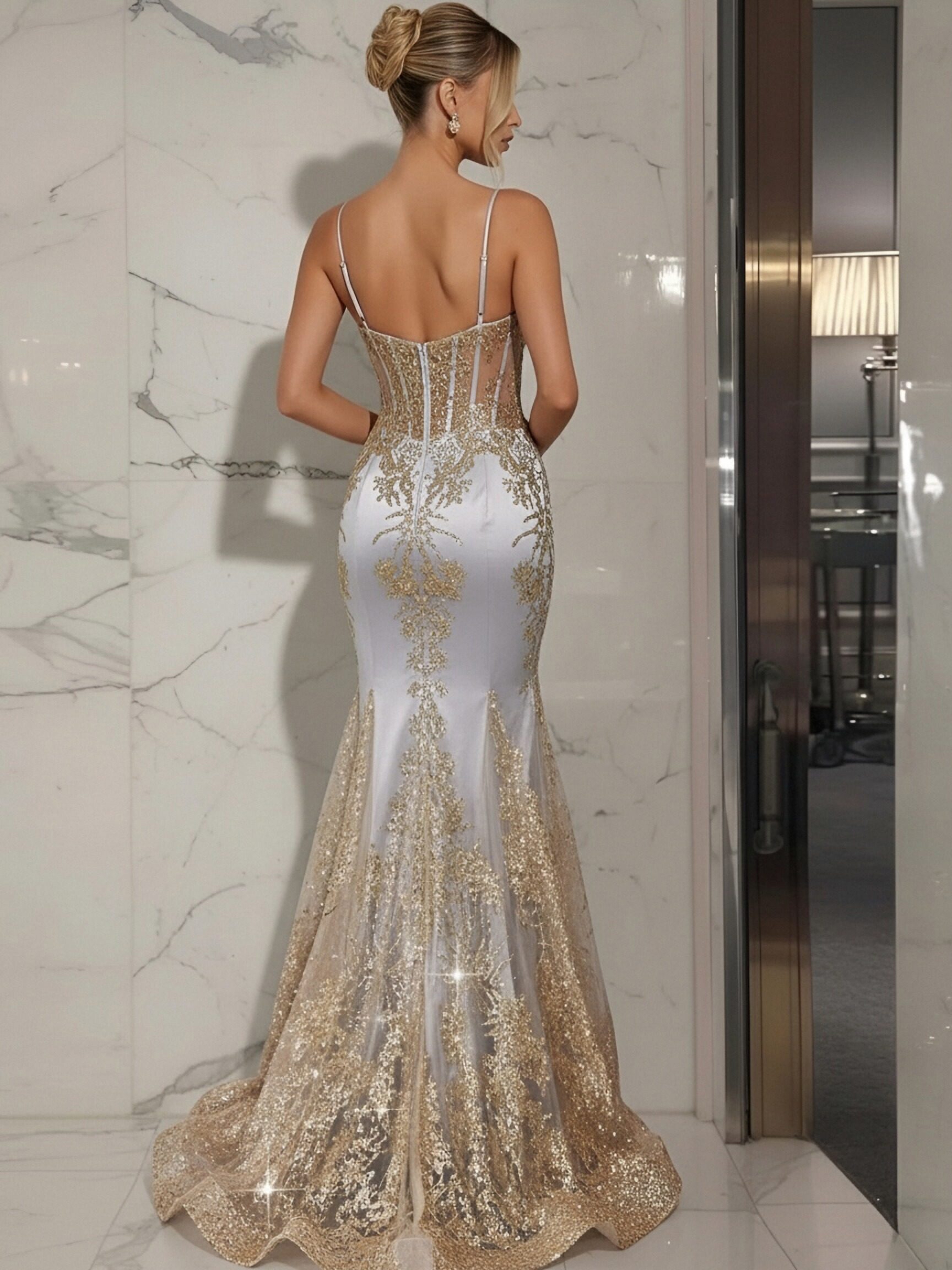 Sequin Spaghetti Straps Mermaid Prom Dresses with Lace