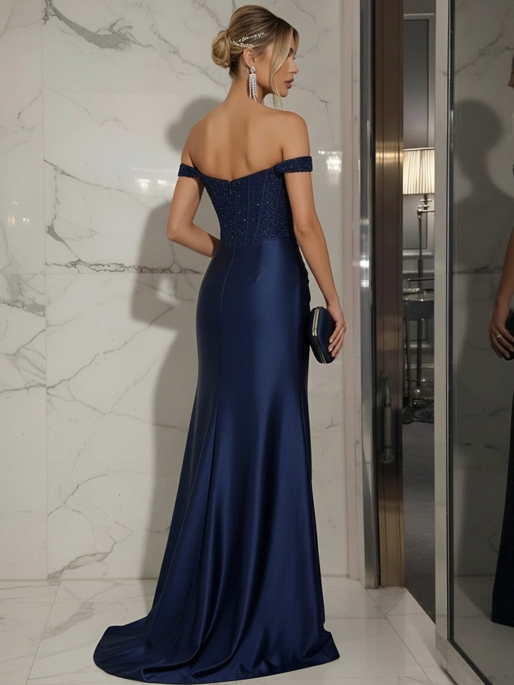 Satin Sequin Off Shoulder Mermaid Prom Dresses with Slit