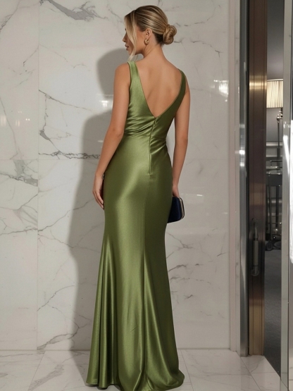 Satin V Neck Mermaid Prom Dresses with Slit