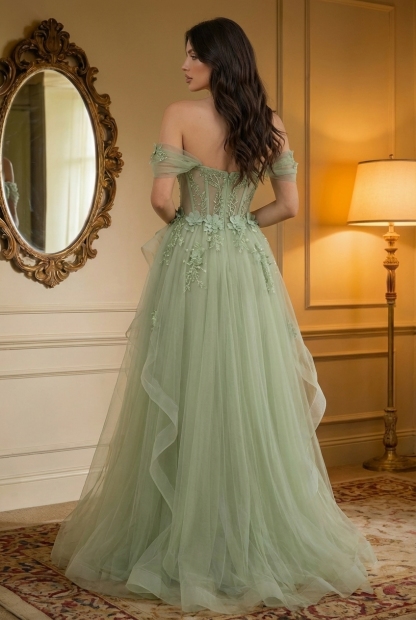 Tulle Strapless A Line Prom Dresses with Slit