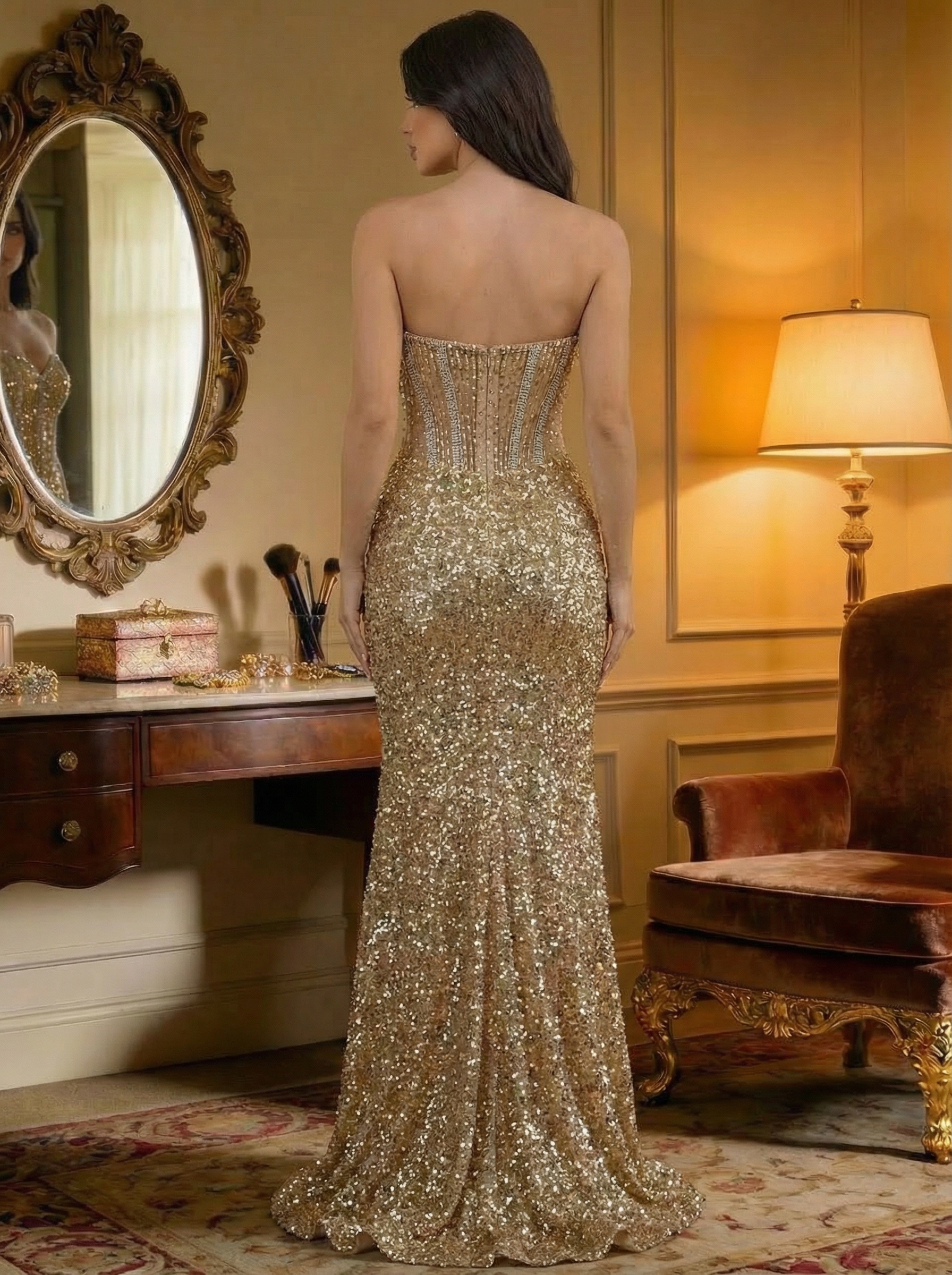 Sequin Strapless Mermaid Prom Dresses with Slit