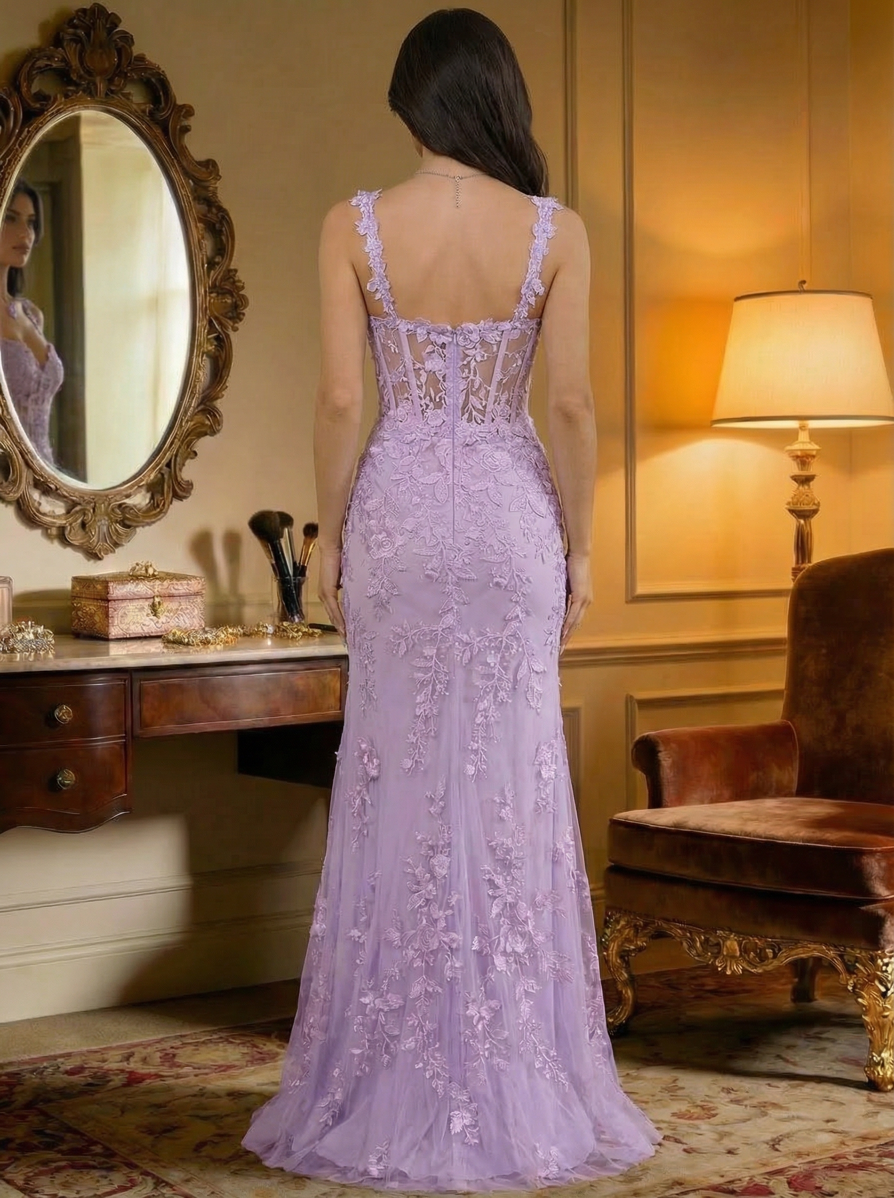 3D Floral Lace Spaghetti Straps Mermaid Prom Dresses with Slit