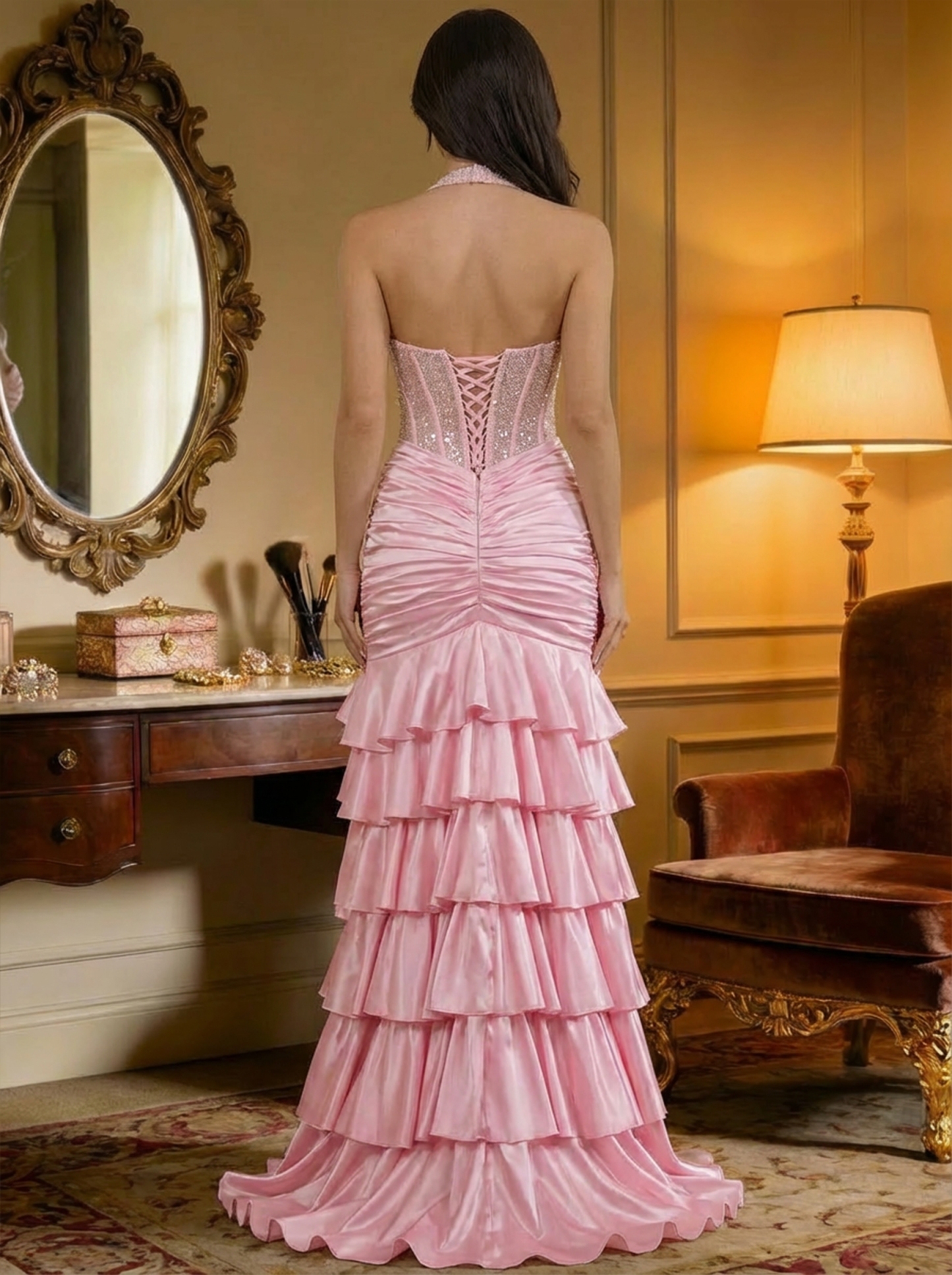 Satin Halter A Line Prom Dresses with Ruffles