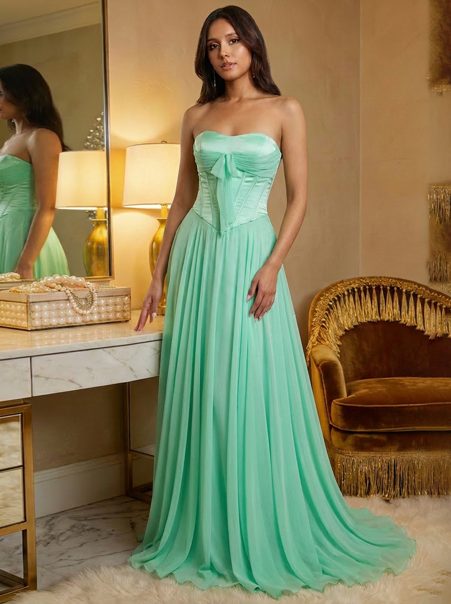 Chiffon Strapless A Line Prom Dresses