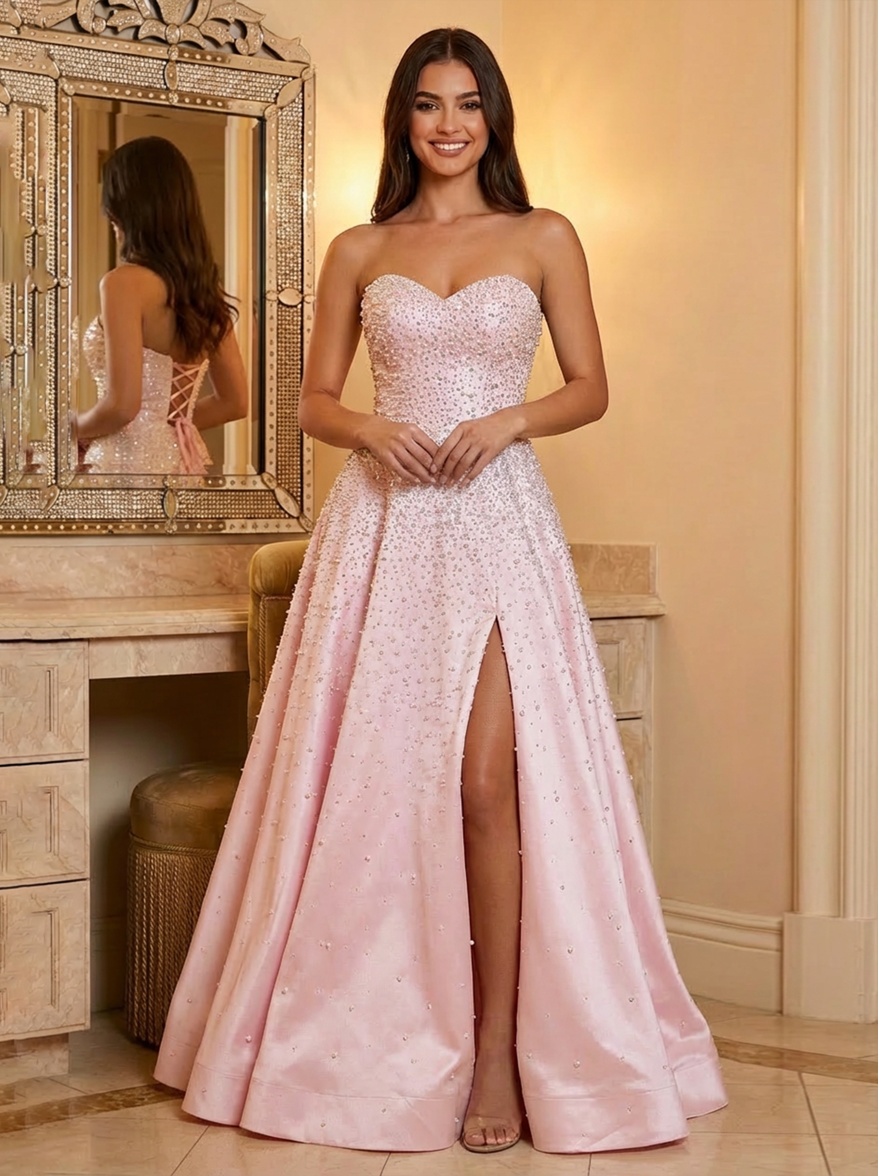 Satin Strapless A Line Prom Dresses with Slit