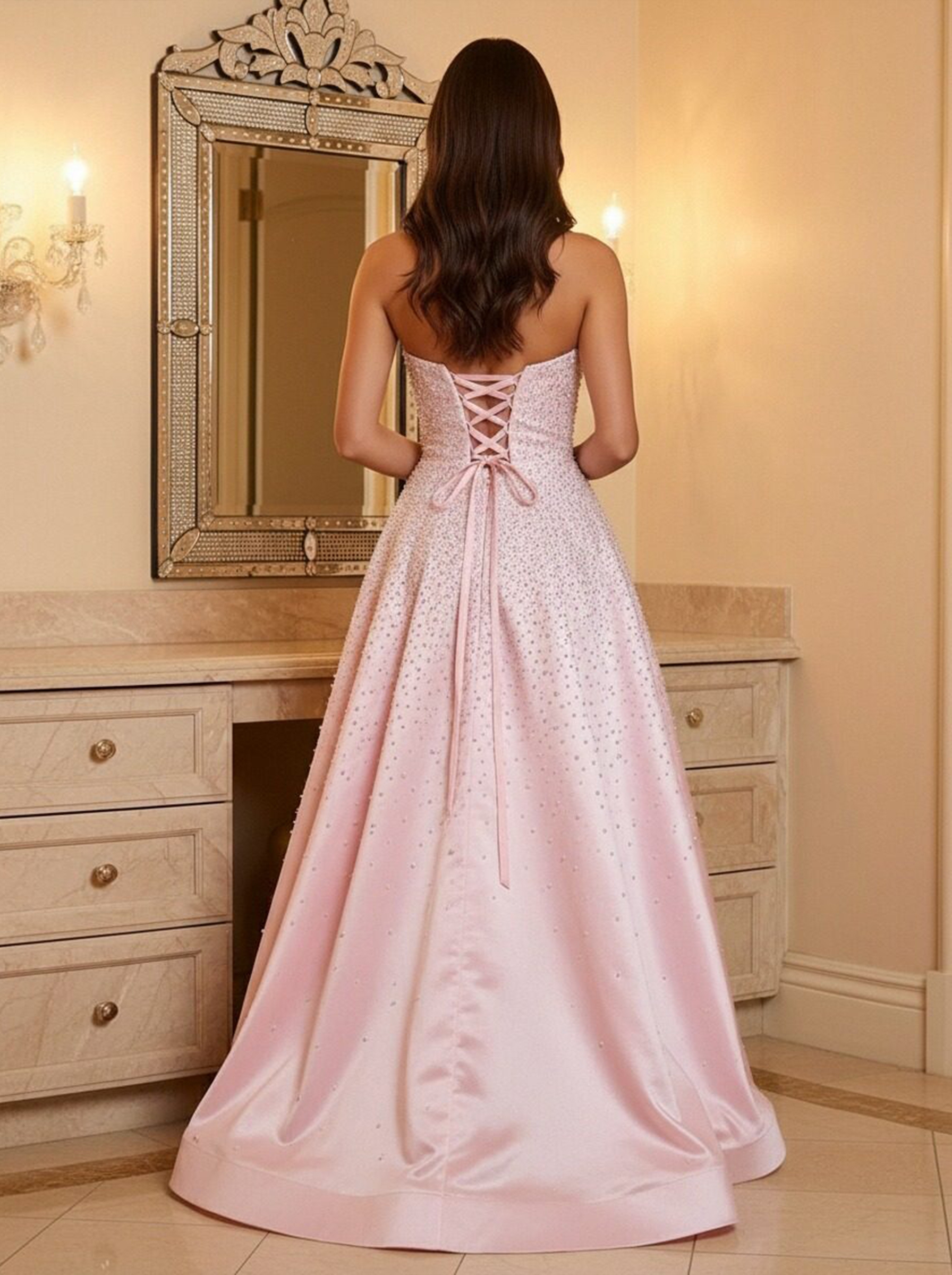 Satin Strapless A Line Prom Dresses with Slit