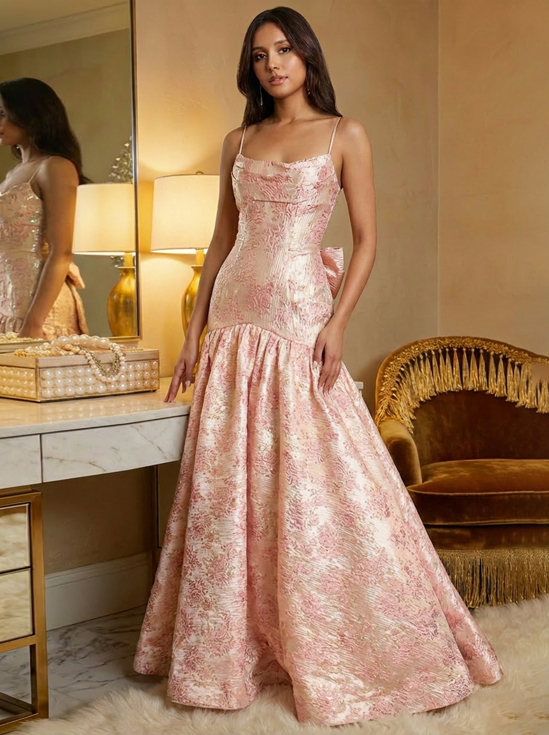 Jacquard Spaghetti Straps A Line Prom Dresses with Bow