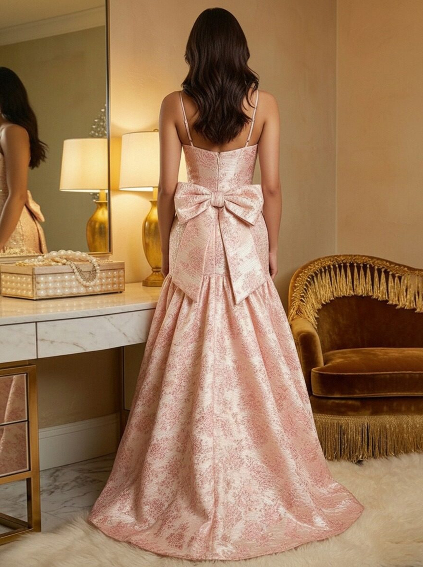 Jacquard Spaghetti Straps A Line Prom Dresses with Bow