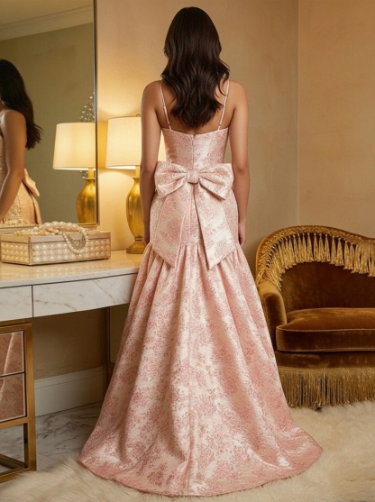 Jacquard Spaghetti Straps A Line Prom Dresses with Bow
