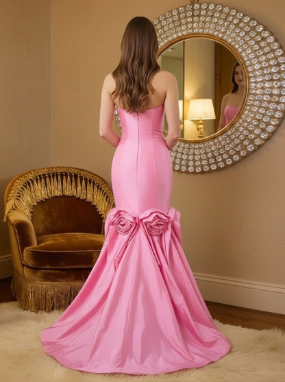 Satin Strapless Mermaid Prom Dresses with Flower