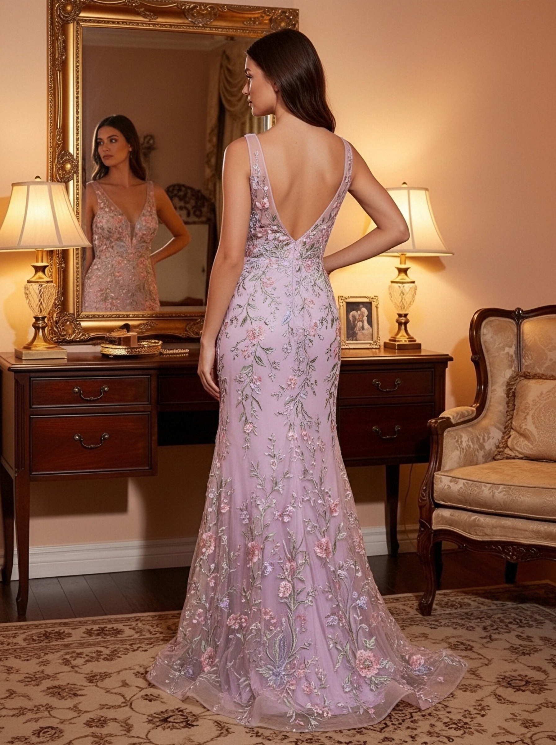 Lace Applicues Spaghetti Straps Mermaid Prom Dresses with Slit