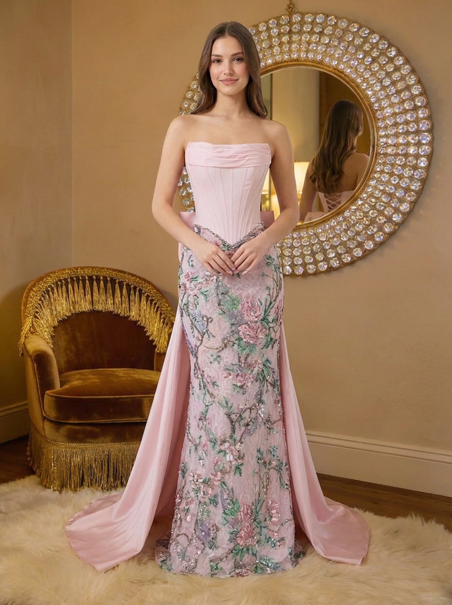 Satin Jacquard StraplessMermaidProm Dresseswith Bow