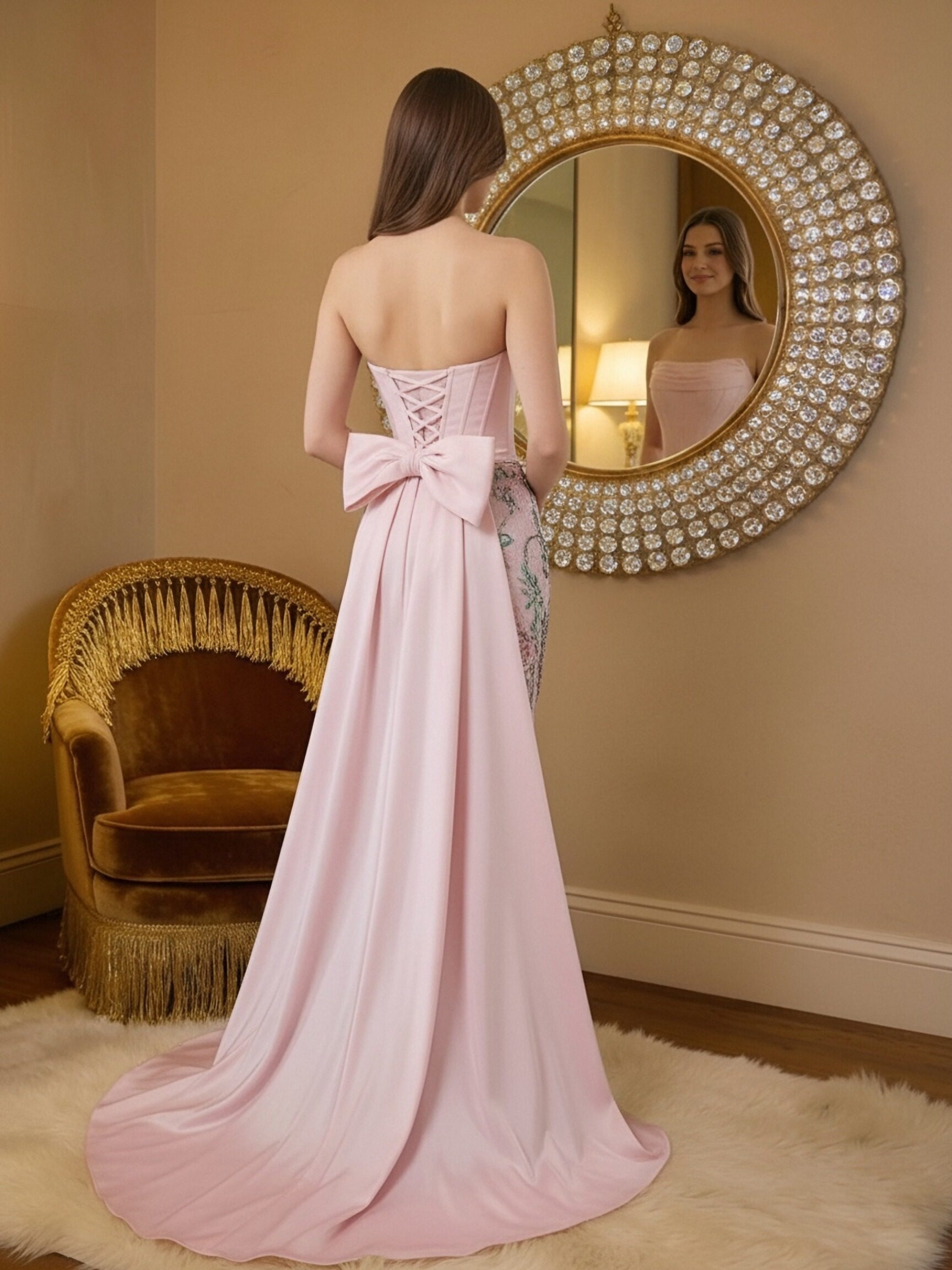 Satin Jacquard StraplessMermaidProm Dresseswith Bow