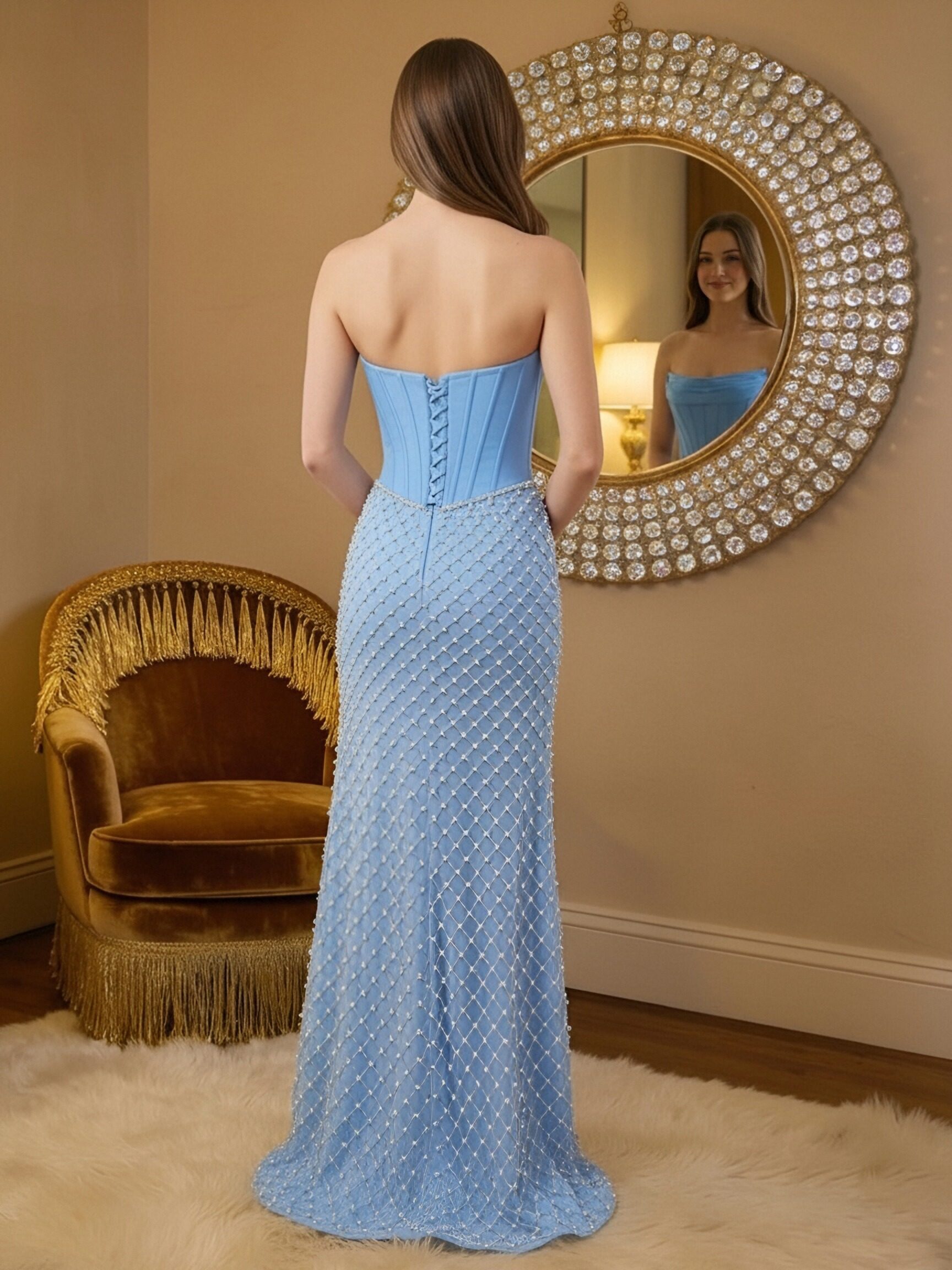 Satin Beading Strapless Mermaid Prom Dresses with Slit