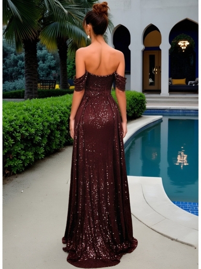 Sequin Strapless Mermaid Prom Dresses with Slit