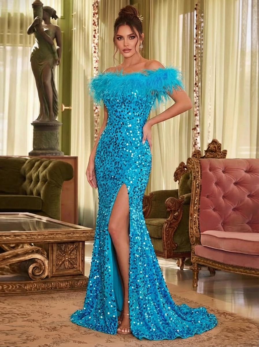 Sequin Off Shoulder Mermaid Prom Dresses with Slit
