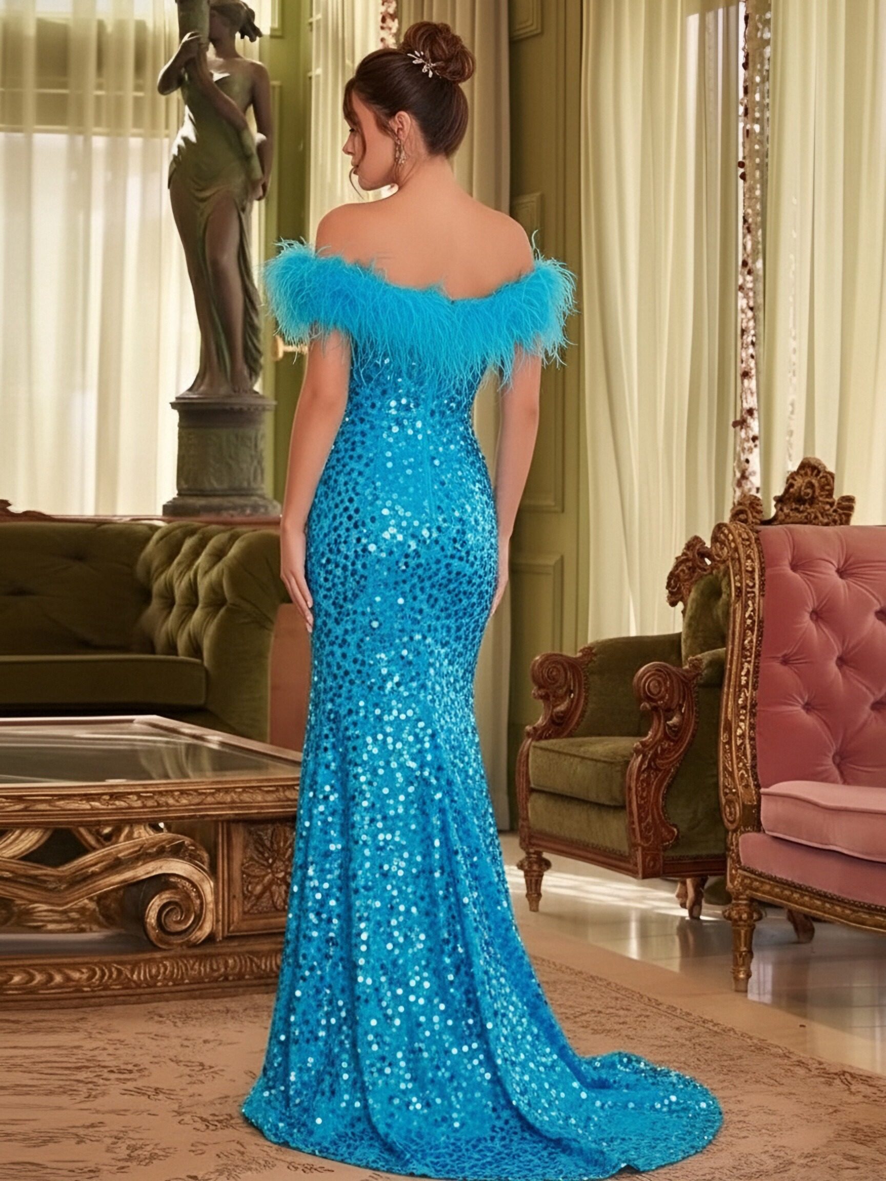 Sequin Off Shoulder Mermaid Prom Dresses with Slit