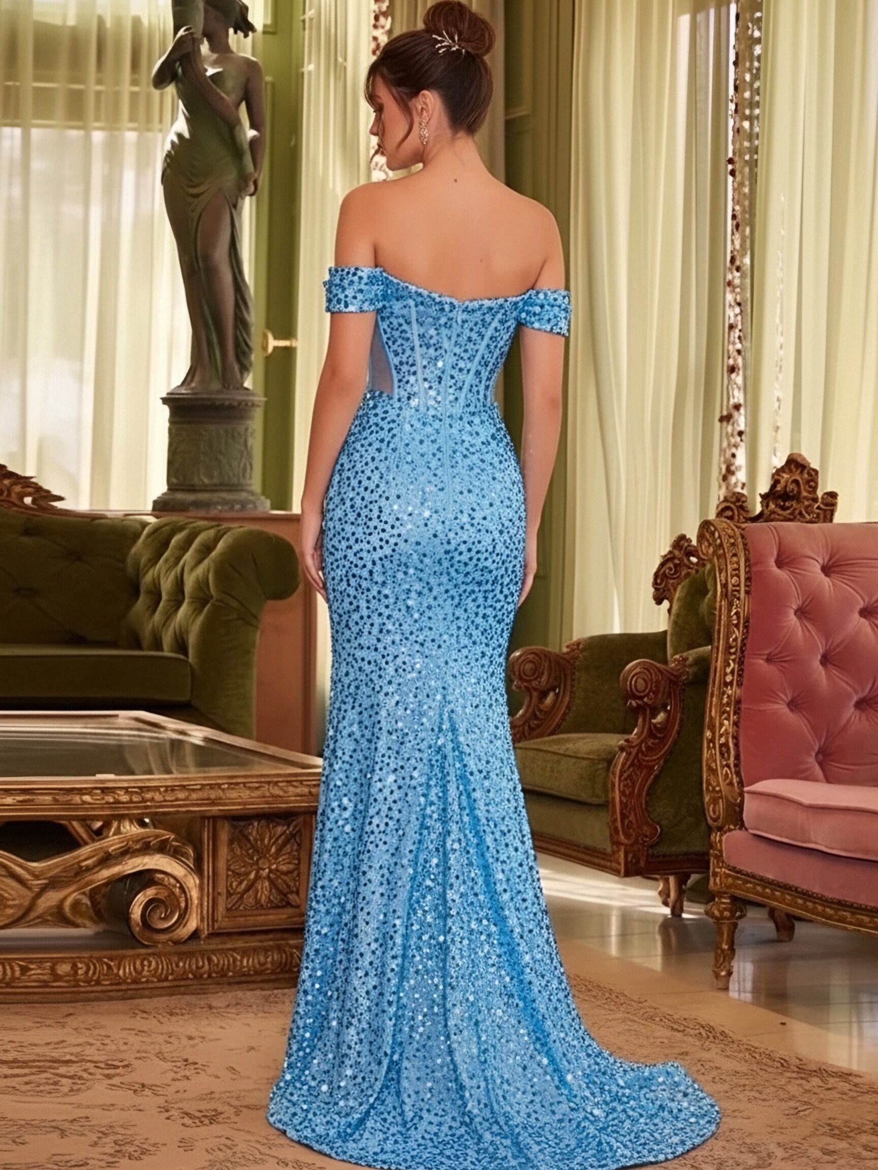Sequin Off Shoulder Mermaid Prom Dresses with Slit