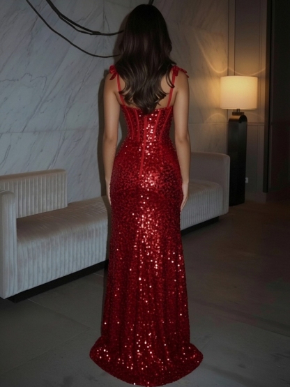 Sequin Spaghetti Straps Mermaid Prom Dresses with Slit