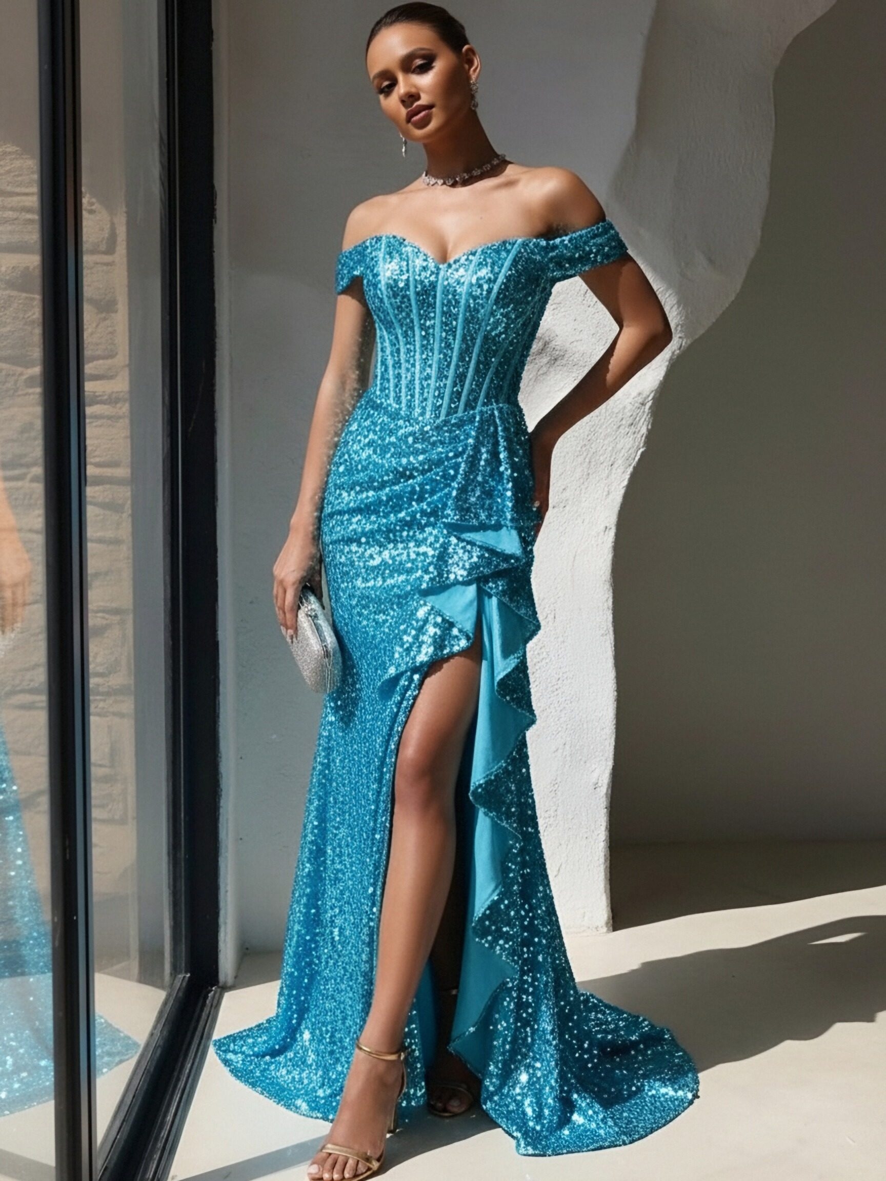 Sequin Off Shoulder Mermaid Prom Dresses with Slit