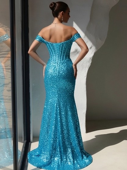 Sequin Off Shoulder Mermaid Prom Dresses with Slit