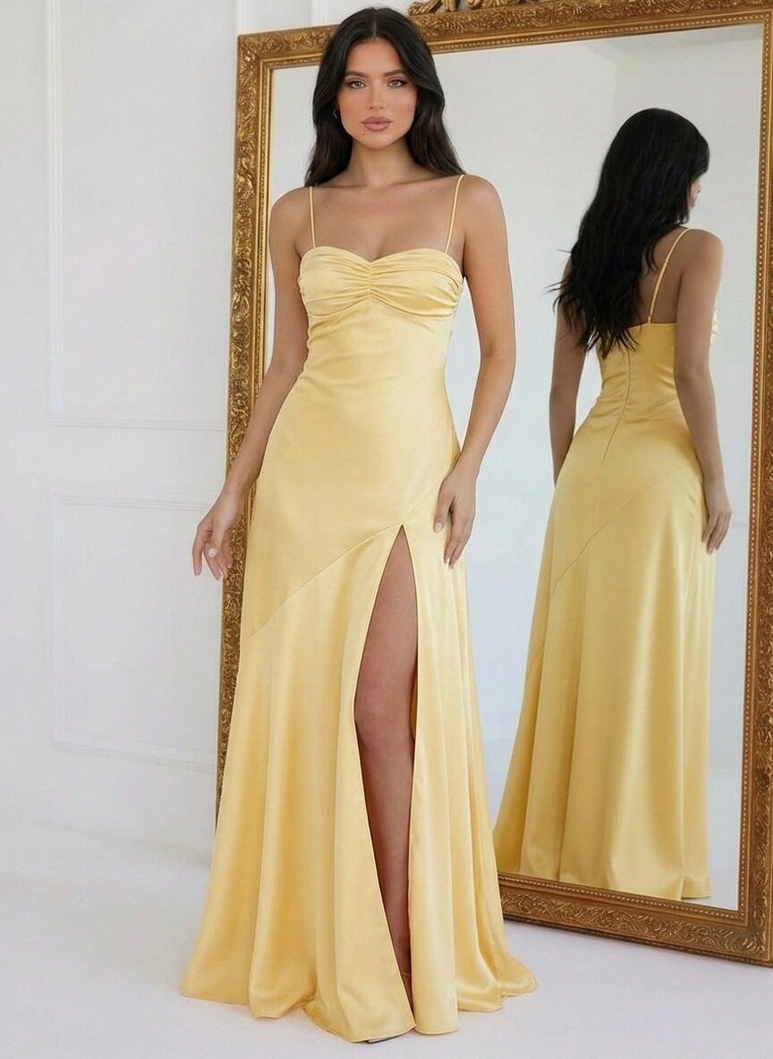 Satin Spaghetti Straps Mermaid Prom Dresses with Slit