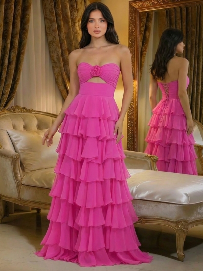 Chiffon Strapless A Line Prom Dresses