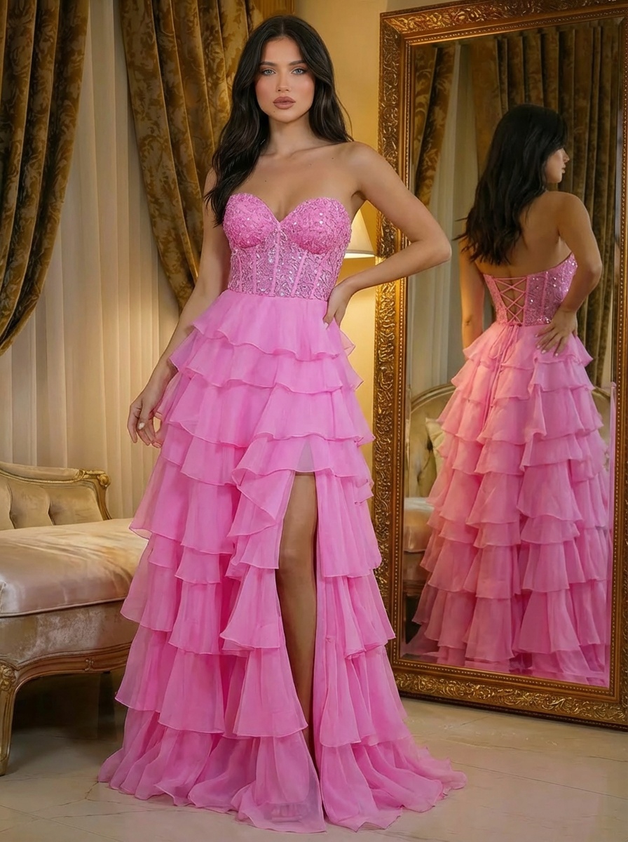 Chiffon Strapless A Line Prom Dresses with Slit