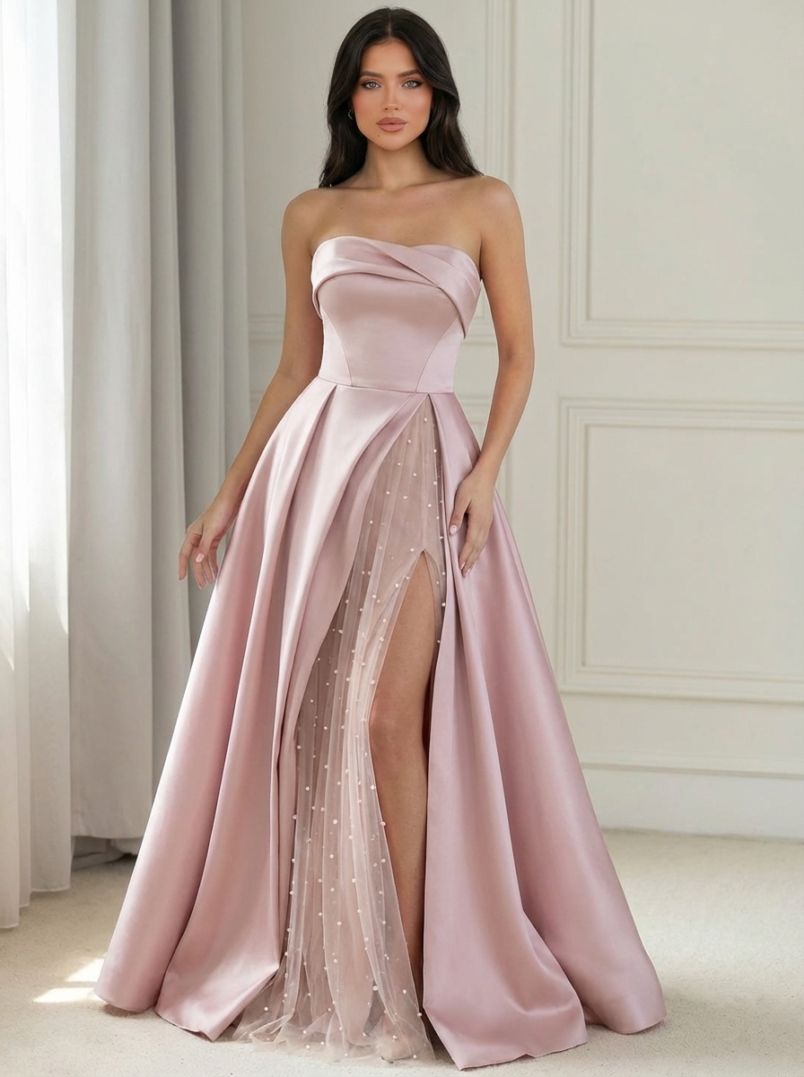Satin Strapless A Line Prom Dresses with Slit