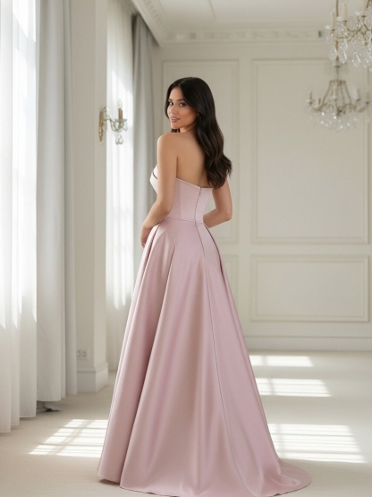 Satin Strapless A Line Prom Dresses with Slit
