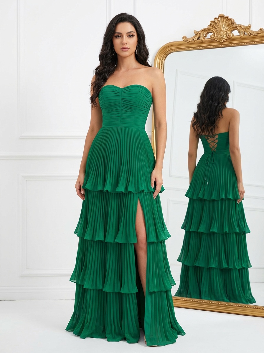 Chiffon Strapless A Line Prom Dresses with Slit