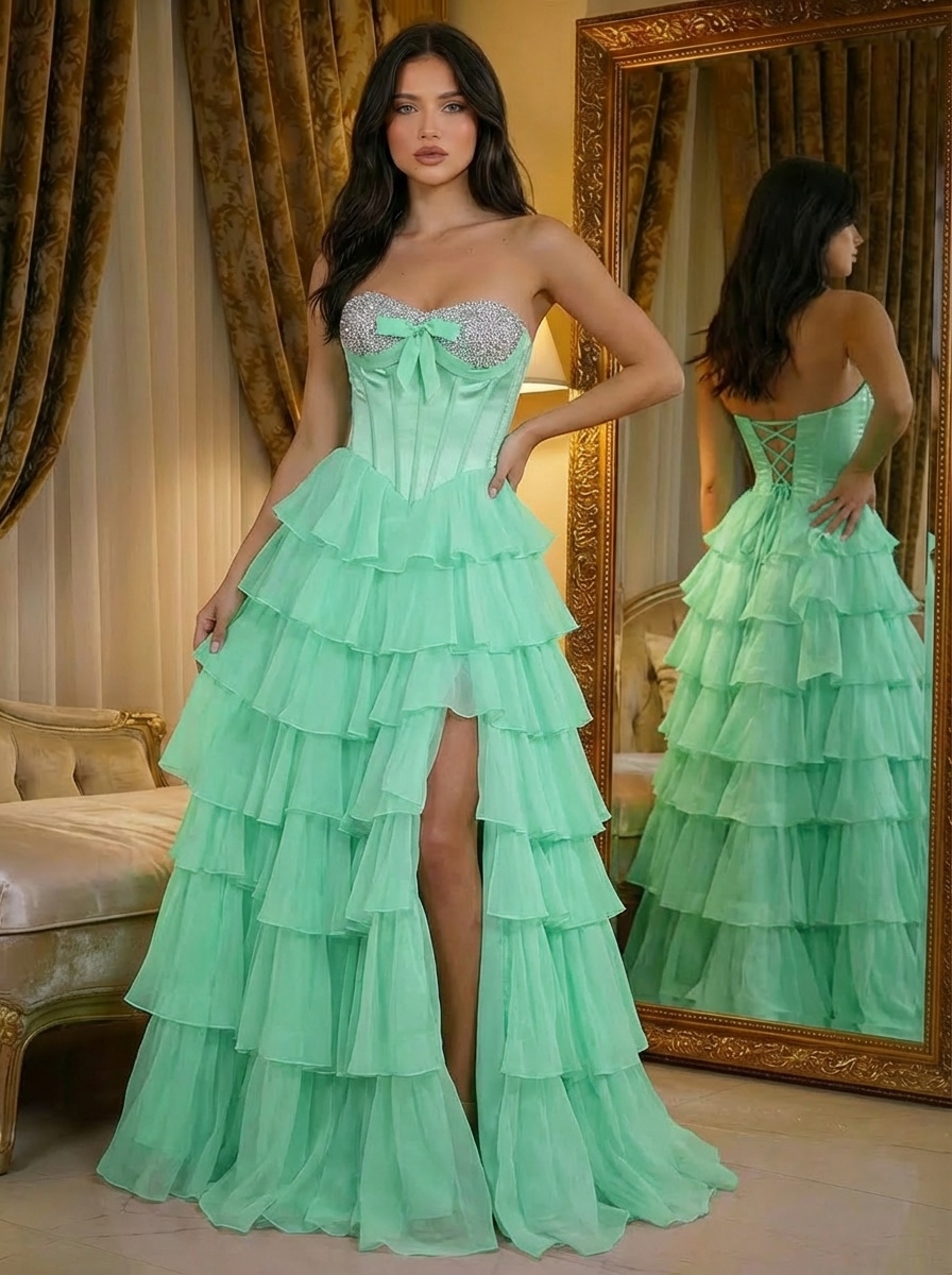 Chiffon Strapless A Line Prom Dresses with Slit