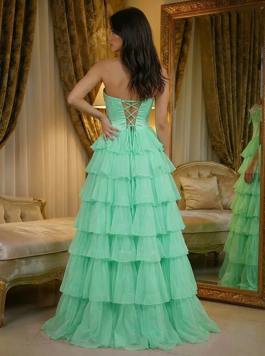 Chiffon Strapless A Line Prom Dresses with Slit