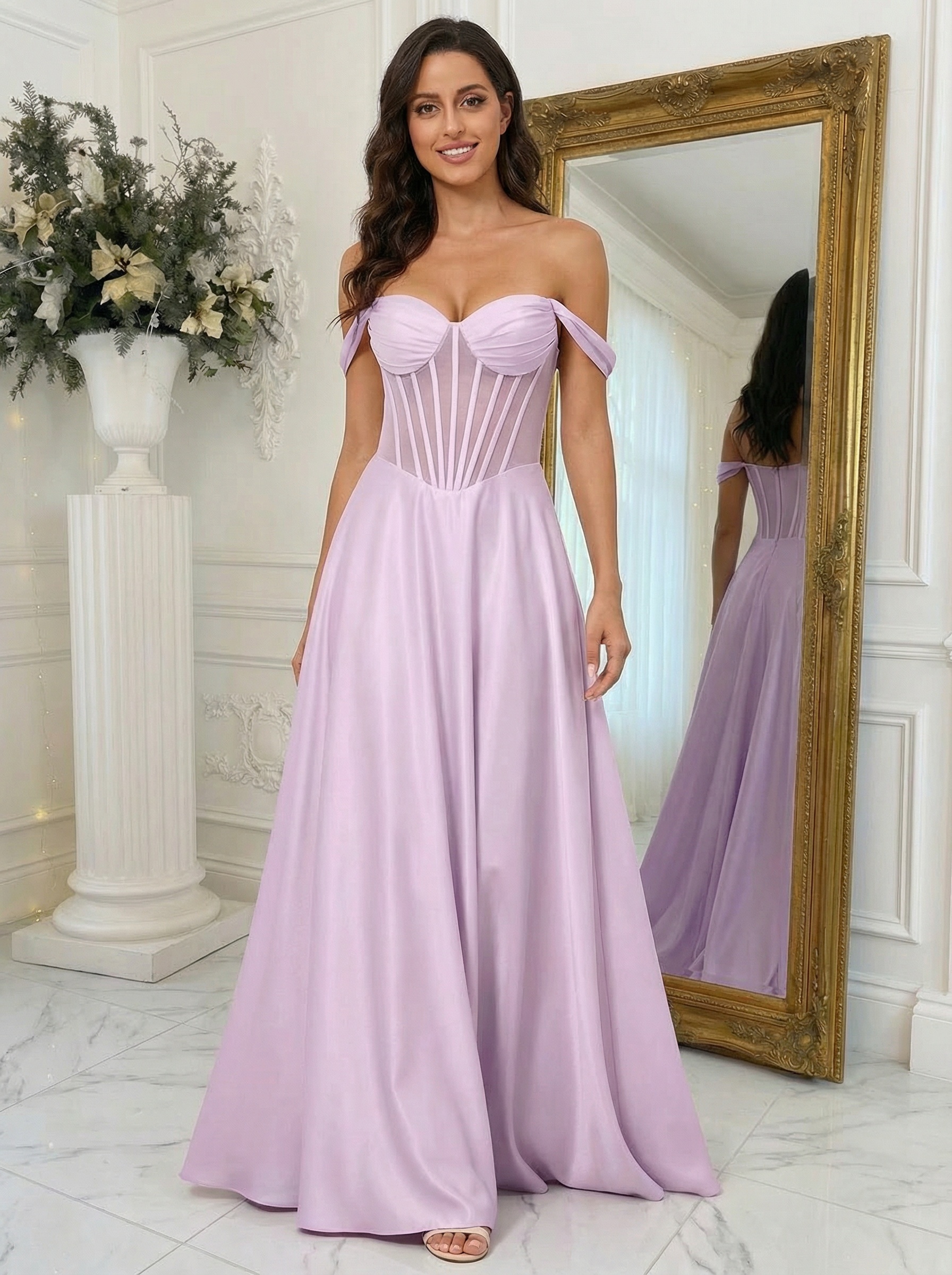 Satin Off Shoulder A Line Prom Dresses