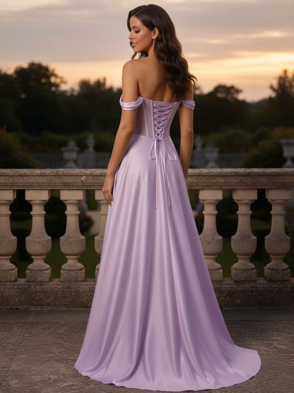 Satin Off Shoulder A Line Prom Dresses