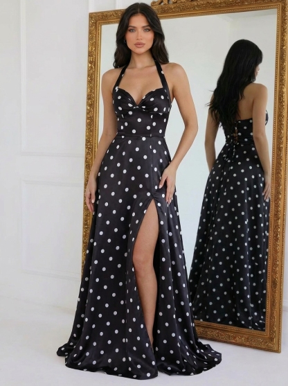 Chiffon Halter A Line Prom Dresses with Slit