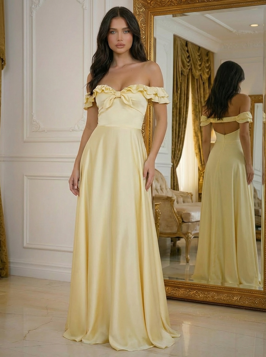 Satin Off Shoulder A Line Prom Dresses