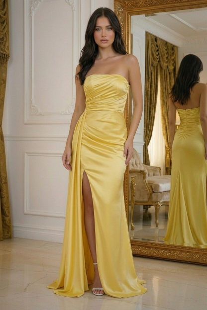 Satin Strapless Mermaid Prom Dresses with Slit