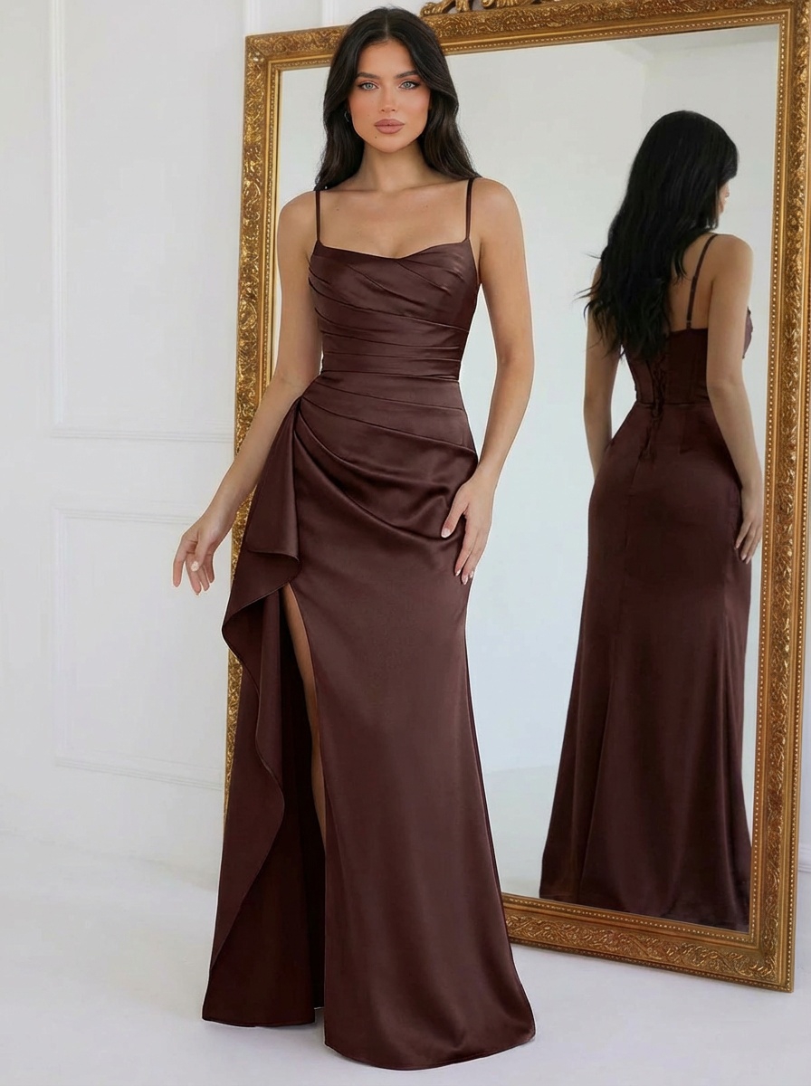 Satin Spaghetti Straps Mermaid Prom Dresses with Slit